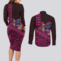 Hawaiian Abstract Sea Turtle Couples Matching Long Sleeve Bodycon Dress and Long Sleeve Button Shirt Polynesian Tapa Art and Kakau Tattoo Pink WaterColor LT03 - Polynesian Pride