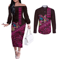 Hawaiian Abstract Sea Turtle Couples Matching Off The Shoulder Long Sleeve Dress and Long Sleeve Button Shirt Polynesian Tapa Art and Kakau Tattoo Pink WaterColor LT03 Black - Polynesian Pride