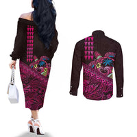 Hawaiian Abstract Sea Turtle Couples Matching Off The Shoulder Long Sleeve Dress and Long Sleeve Button Shirt Polynesian Tapa Art and Kakau Tattoo Pink WaterColor LT03 - Polynesian Pride