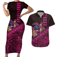 Hawaiian Abstract Sea Turtle Couples Matching Short Sleeve Bodycon Dress and Hawaiian Shirt Polynesian Tapa Art and Kakau Tattoo Pink WaterColor LT03 Black - Polynesian Pride