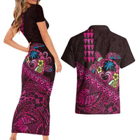 Hawaiian Abstract Sea Turtle Couples Matching Short Sleeve Bodycon Dress and Hawaiian Shirt Polynesian Tapa Art and Kakau Tattoo Pink WaterColor LT03 - Polynesian Pride
