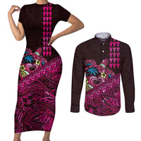 Hawaiian Abstract Sea Turtle Couples Matching Short Sleeve Bodycon Dress and Long Sleeve Button Shirt Polynesian Tapa Art and Kakau Tattoo Pink WaterColor LT03 Black - Polynesian Pride