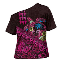 Hawaiian Abstract Sea Turtle Cross Shoulder Shirt Polynesian Tapa Art and Kakau Tattoo Pink WaterColor LT03 - Polynesian Pride