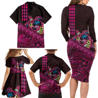 Hawaiian Abstract Sea Turtle Family Matching Long Sleeve Bodycon Dress and Hawaiian Shirt Polynesian Tapa Art and Kakau Tattoo Pink WaterColor LT03 - Polynesian Pride