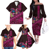 Hawaiian Abstract Sea Turtle Family Matching Off The Shoulder Long Sleeve Dress and Hawaiian Shirt Polynesian Tapa Art and Kakau Tattoo Pink WaterColor LT03 - Polynesian Pride