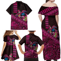 Hawaiian Abstract Sea Turtle Family Matching Off Shoulder Maxi Dress and Hawaiian Shirt Polynesian Tapa Art and Kakau Tattoo Pink WaterColor LT03 - Polynesian Pride