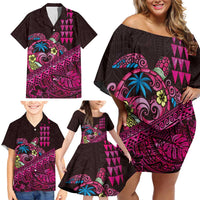Hawaiian Abstract Sea Turtle Family Matching Off Shoulder Short Dress and Hawaiian Shirt Polynesian Tapa Art and Kakau Tattoo Pink WaterColor LT03 - Polynesian Pride