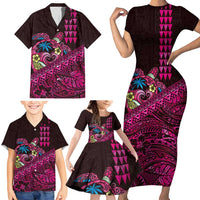 Hawaiian Abstract Sea Turtle Family Matching Short Sleeve Bodycon Dress and Hawaiian Shirt Polynesian Tapa Art and Kakau Tattoo Pink WaterColor LT03 - Polynesian Pride