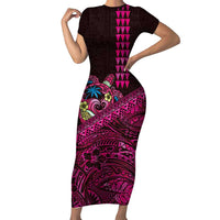 Hawaiian Abstract Sea Turtle Family Matching Short Sleeve Bodycon Dress and Hawaiian Shirt Polynesian Tapa Art and Kakau Tattoo Pink WaterColor LT03 Mom's Dress Black - Polynesian Pride