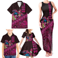 Hawaiian Abstract Sea Turtle Family Matching Tank Maxi Dress and Hawaiian Shirt Polynesian Tapa Art and Kakau Tattoo Pink WaterColor LT03 - Polynesian Pride