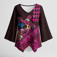 Hawaiian Abstract Sea Turtle Kimono Sleeve Blouse Polynesian Tapa Art and Kakau Tattoo Pink WaterColor LT03 Female Black - Polynesian Pride