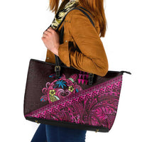 Hawaiian Abstract Sea Turtle Leather Tote Bag Polynesian Tapa Art and Kakau Tattoo Pink WaterColor LT03 Black - Polynesian Pride