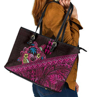 Hawaiian Abstract Sea Turtle Leather Tote Bag Polynesian Tapa Art and Kakau Tattoo Pink WaterColor LT03 - Polynesian Pride