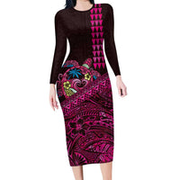 Hawaiian Abstract Sea Turtle Long Sleeve Bodycon Dress Polynesian Tapa Art and Kakau Tattoo Pink WaterColor LT03 Long Dress Black - Polynesian Pride