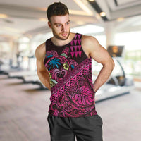 Hawaiian Abstract Sea Turtle Men Tank Top Polynesian Tapa Art and Kakau Tattoo Pink WaterColor LT03 Black - Polynesian Pride