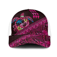 Hawaiian Abstract Sea Turtle Mesh Trucker Cap Polynesian Tapa Art and Kakau Tattoo Pink WaterColor LT03 One Size White Black - Polynesian Pride