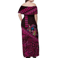 Hawaiian Abstract Sea Turtle Off Shoulder Maxi Dress Polynesian Tapa Art and Kakau Tattoo Pink WaterColor LT03 - Polynesian Pride