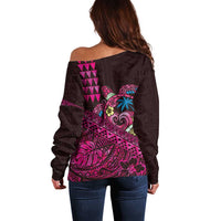 Hawaiian Abstract Sea Turtle Off Shoulder Sweater Polynesian Tapa Art and Kakau Tattoo Pink WaterColor LT03 - Polynesian Pride