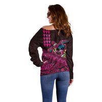 Hawaiian Abstract Sea Turtle Off Shoulder Sweater Polynesian Tapa Art and Kakau Tattoo Pink WaterColor LT03 - Polynesian Pride