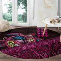 Hawaiian Abstract Sea Turtle Round Carpet Polynesian Tapa Art and Kakau Tattoo Pink WaterColor LT03 - Polynesian Pride