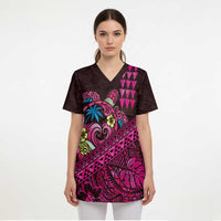 Hawaiian Abstract Sea Turtle Scrub Top Polynesian Tapa Art and Kakau Tattoo Pink WaterColor LT03 - Polynesian Pride