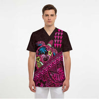 Hawaiian Abstract Sea Turtle Scrub Top Polynesian Tapa Art and Kakau Tattoo Pink WaterColor LT03 - Polynesian Pride