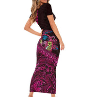 Hawaiian Abstract Sea Turtle Short Sleeve Bodycon Dress Polynesian Tapa Art and Kakau Tattoo Pink WaterColor LT03 - Polynesian Pride