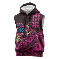Hawaiian Abstract Sea Turtle Sleeveless Hoodie Polynesian Tapa Art and Kakau Tattoo Pink WaterColor LT03 Black - Polynesian Pride