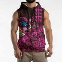 Hawaiian Abstract Sea Turtle Sleeveless Zip Hoodie Polynesian Tapa Art and Kakau Tattoo Pink WaterColor LT03 - Polynesian Pride