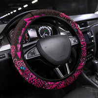 Hawaiian Abstract Sea Turtle Steering Wheel Cover Polynesian Tapa Art and Kakau Tattoo Pink WaterColor LT03 Universal Fit Black - Polynesian Pride