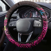 Hawaiian Abstract Sea Turtle Steering Wheel Cover Polynesian Tapa Art and Kakau Tattoo Pink WaterColor LT03 - Polynesian Pride