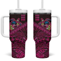 Hawaiian Abstract Sea Turtle Tumbler With Handle Polynesian Tapa Art and Kakau Tattoo Pink WaterColor LT03 One Size: 40 oz Black - Polynesian Pride