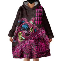 Hawaiian Abstract Sea Turtle Wearable Blanket Hoodie Polynesian Tapa Art and Kakau Tattoo Pink WaterColor LT03 - Polynesian Pride