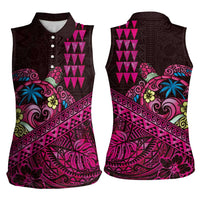 Hawaiian Abstract Sea Turtle Women Sleeveless Polo Shirt Polynesian Tapa Art and Kakau Tattoo Pink WaterColor LT03 - Polynesian Pride
