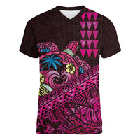 Hawaiian Abstract Sea Turtle Women V-Neck T-Shirt Polynesian Tapa Art and Kakau Tattoo Pink WaterColor LT03 Female Black - Polynesian Pride