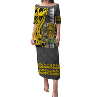 Custom Hawaii Island Family Matching Puletasi Dress and Hawaiian Shirt Hawaiian Warrior and Kakau Symbols Abstract Tattoo LT03 Mom's Dress Yellow - Polynesian Pride