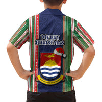 Kiribati Christmas Family Matching Off Shoulder Short Dress and Hawaiian Shirt Santa With Gift Bag Behind Ribbons Seamless Blue Maori LT03 - Polynesian Pride