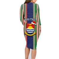 Custom Kiribati Christmas Family Matching Long Sleeve Bodycon Dress and Hawaiian Shirt Santa With Gift Bag Behind Ribbons Seamless Blue Maori LT03 - Polynesian Pride