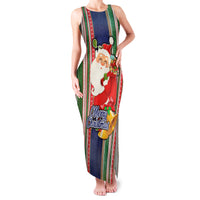 Custom Kiribati Christmas Family Matching Tank Maxi Dress and Hawaiian Shirt Santa With Gift Bag Behind Ribbons Seamless Blue Maori LT03 Mom's Dress Blue - Polynesian Pride