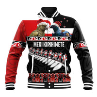 New Zealand Meri Kirihimete Baseball Jacket Christmas Tui Bird and Kea Bird - Haka Santa with Maori Koru Art Pattern LT03 Unisex Black - Polynesian Pride
