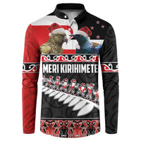 New Zealand Meri Kirihimete Button Sweatshirt Christmas Tui Bird and Kea Bird - Haka Santa with Maori Koru Art Pattern LT03 Black - Polynesian Pride