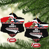 New Zealand Meri Kirihimete Ceramic Ornament Christmas Tui Bird and Kea Bird - Haka Santa with Maori Koru Art Pattern