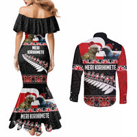 New Zealand Meri Kirihimete Couples Matching Mermaid Dress and Long Sleeve Button Shirt Christmas Tui Bird and Kea Bird - Haka Santa with Maori Koru Art Pattern LT03 - Polynesian Pride
