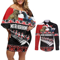New Zealand Meri Kirihimete Couples Matching Off Shoulder Short Dress and Long Sleeve Button Shirt Christmas Tui Bird and Kea Bird - Haka Santa with Maori Koru Art Pattern LT03 Black - Polynesian Pride