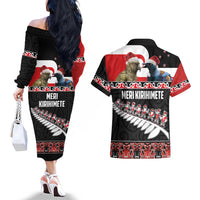 New Zealand Meri Kirihimete Couples Matching Off The Shoulder Long Sleeve Dress and Hawaiian Shirt Christmas Tui Bird and Kea Bird - Haka Santa with Maori Koru Art Pattern LT03 - Polynesian Pride
