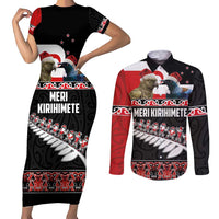 New Zealand Meri Kirihimete Couples Matching Short Sleeve Bodycon Dress and Long Sleeve Button Shirt Christmas Tui Bird and Kea Bird - Haka Santa with Maori Koru Art Pattern LT03 Black - Polynesian Pride