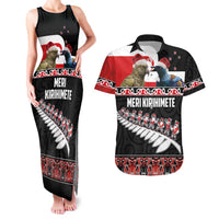 New Zealand Meri Kirihimete Couples Matching Tank Maxi Dress and Hawaiian Shirt Christmas Tui Bird and Kea Bird - Haka Santa with Maori Koru Art Pattern LT03 Black - Polynesian Pride
