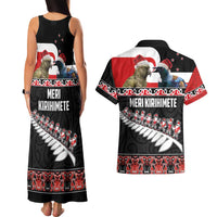 New Zealand Meri Kirihimete Couples Matching Tank Maxi Dress and Hawaiian Shirt Christmas Tui Bird and Kea Bird - Haka Santa with Maori Koru Art Pattern LT03 - Polynesian Pride