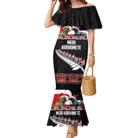 New Zealand Meri Kirihimete Family Matching Mermaid Dress and Hawaiian Shirt Christmas Tui Bird and Kea Bird - Haka Santa with Maori Koru Art Pattern