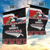 New Zealand Meri Kirihimete Garden Flag Christmas Tui Bird and Kea Bird - Haka Santa with Maori Koru Art Pattern LT03 - Polynesian Pride